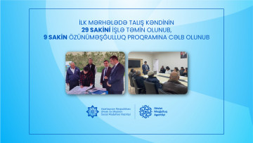 İlk mərhələdə Talış kəndinin 29 sakini işlə təmin olunub, 9 sakin özünüməşğulluq proqramına cəlb olunub