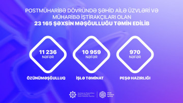 Postmüharibə dövründə şəhid ailələri üzvləri və müharibə iştirakçıları olan 23 165 şəxsin məşğulluğu təmin edilib